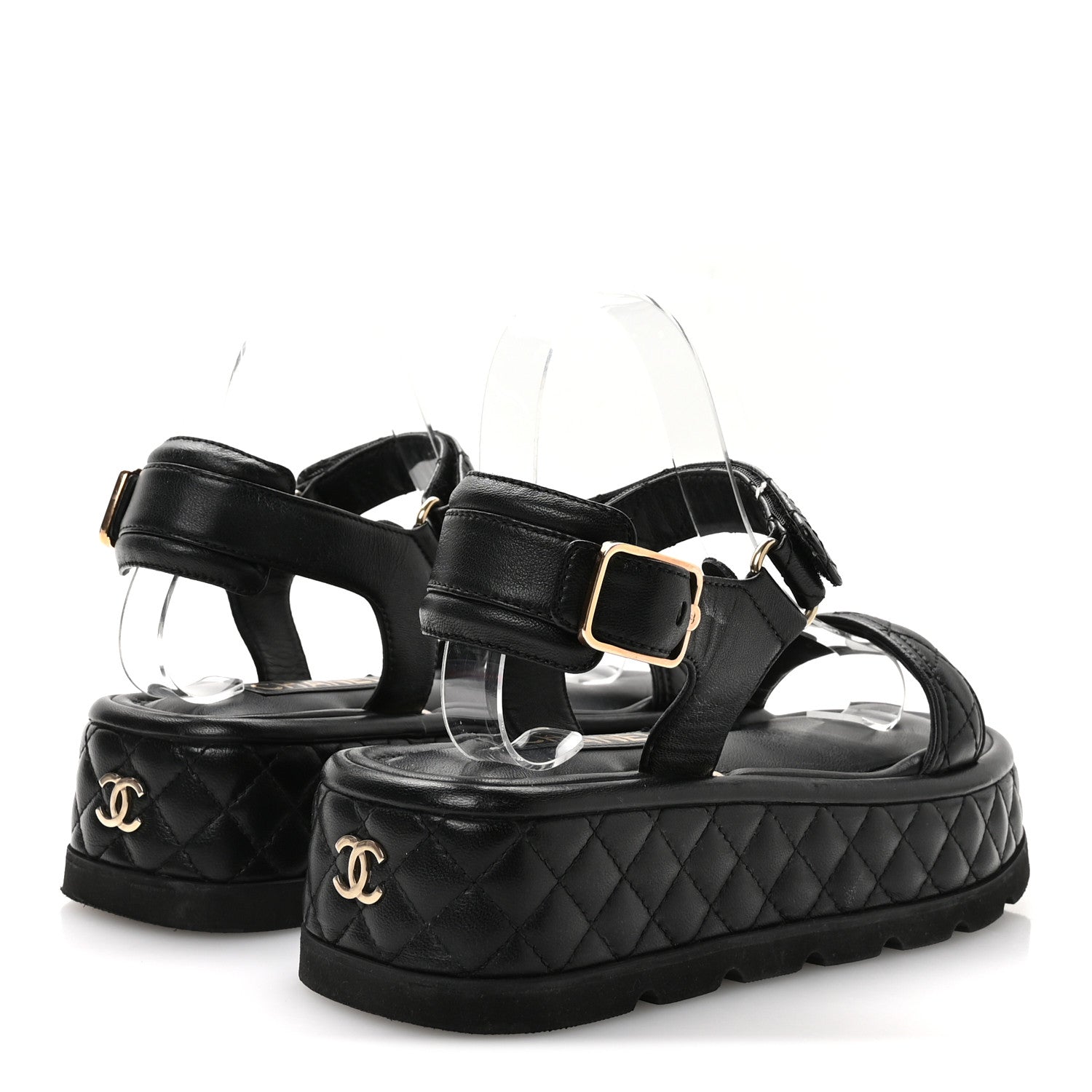 靴 Vintage Chanel Leather Sandals 38 Chanel Lambskin Quilted Platform Sandals 38 Black 1756881