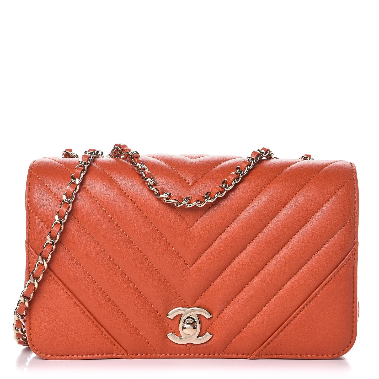 Calfskin Chevron Quilted Mini Statement Flap Dark Orange