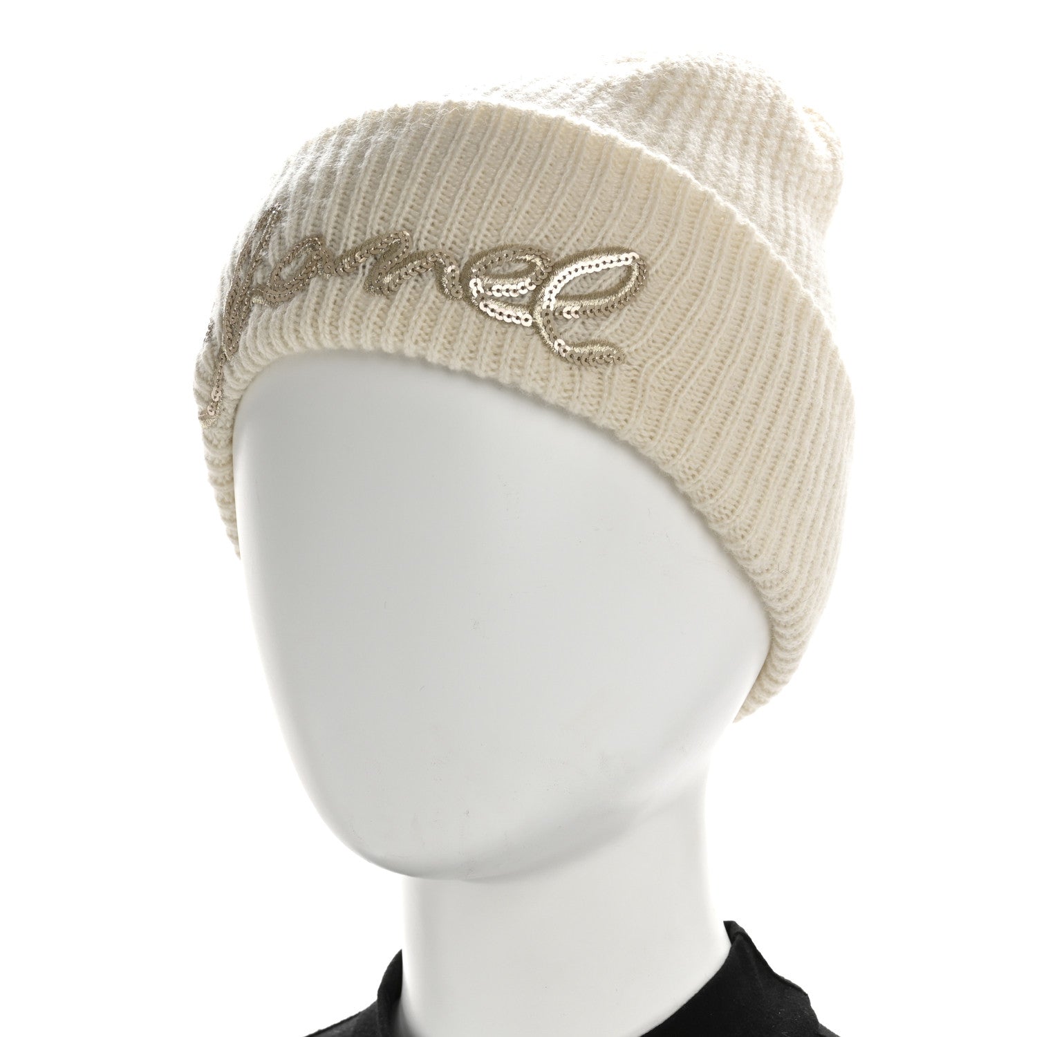 Chanel Cashmere Sequin Logo Beanie Hat Ivory Gold 2 of 5