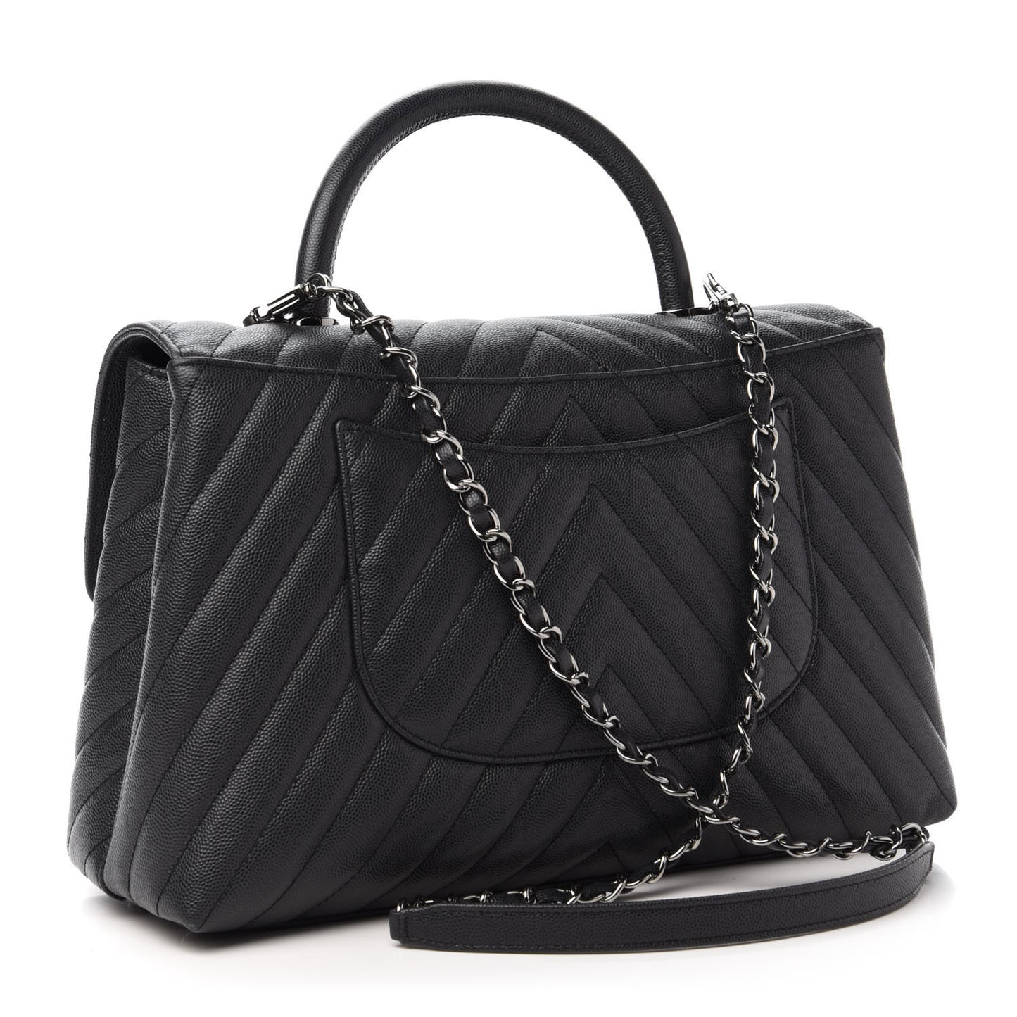 Caviar Chevron Quilted Medium Coco Handle Flap Dark Grey