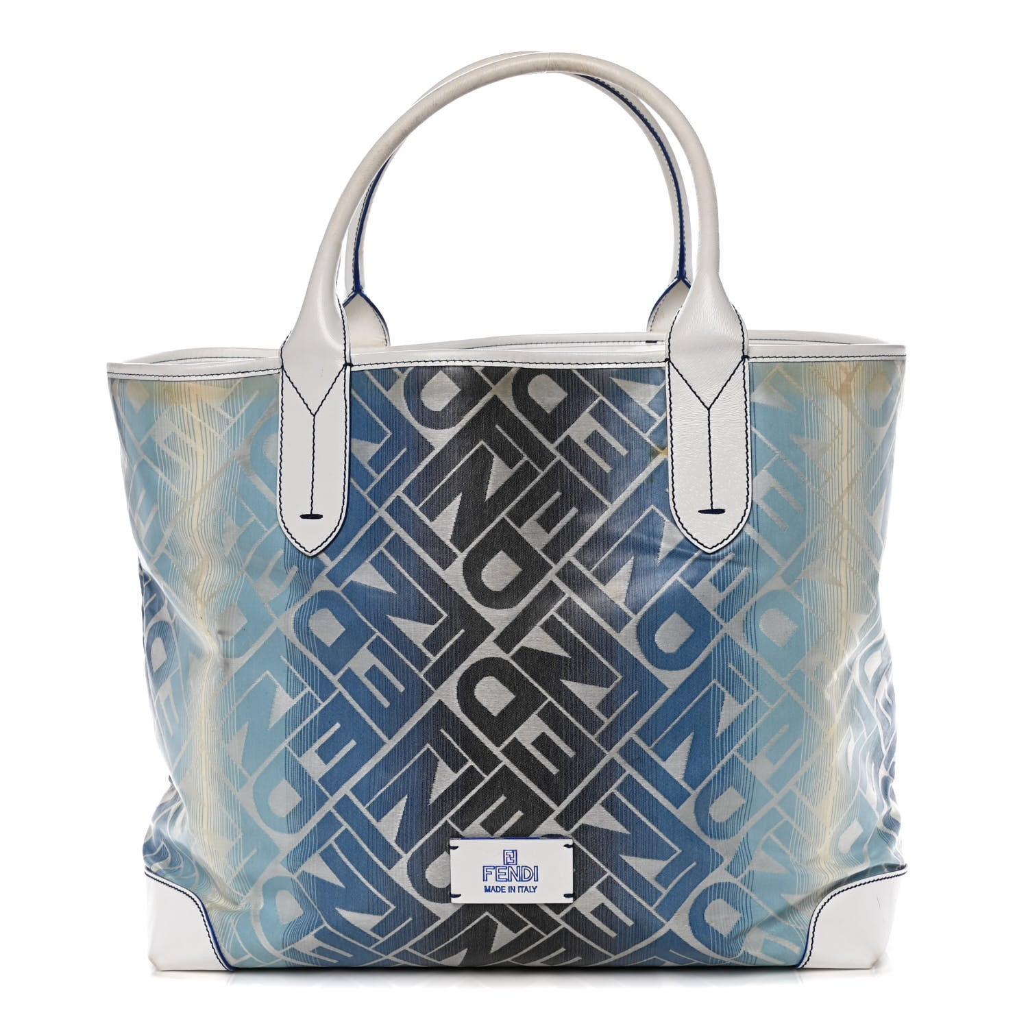 Fendi Calfskin Canvas Basket Sea Medium Tote White Blue 1 of 27