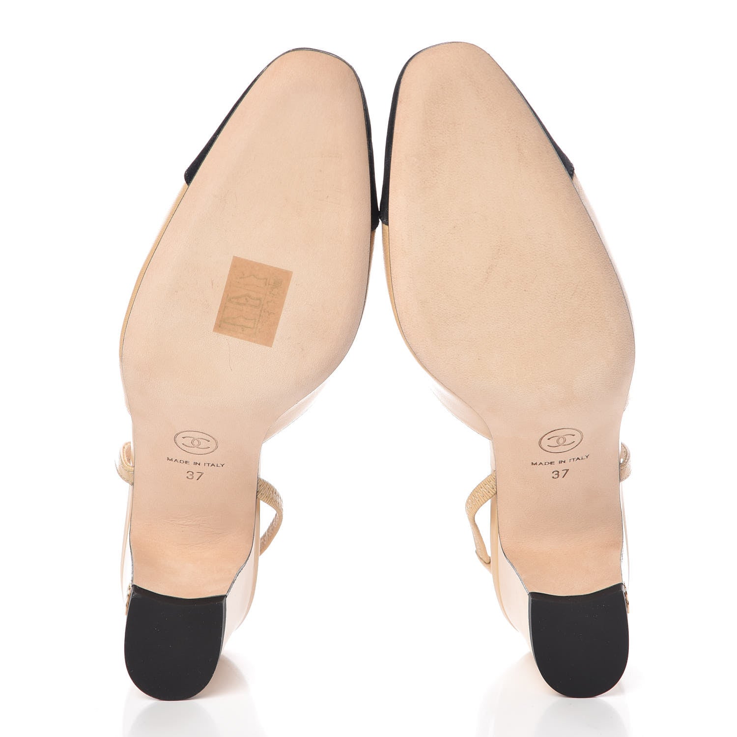 Chanel Goatskin Grosgrain Cap Toe CC Slingback Pumps 37 Beige Black 7 of 9