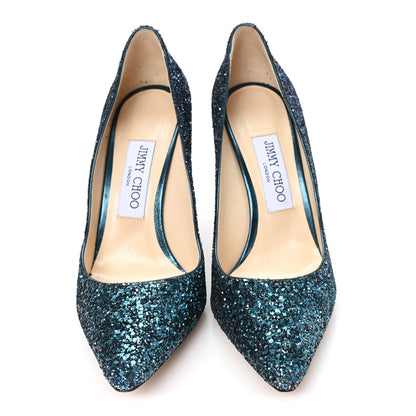 Jimmy Choo Coarse Glitter Degrade Pointy Toe Romy 100 Pumps 37.5 Peacock Navy 3 of 9