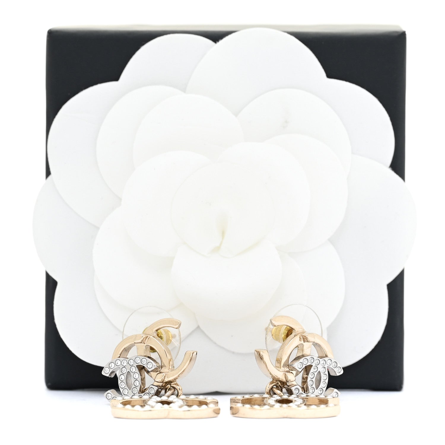 Chanel Crystal Pearl Double CC Drop Earrings Gold Silver 5 of 5