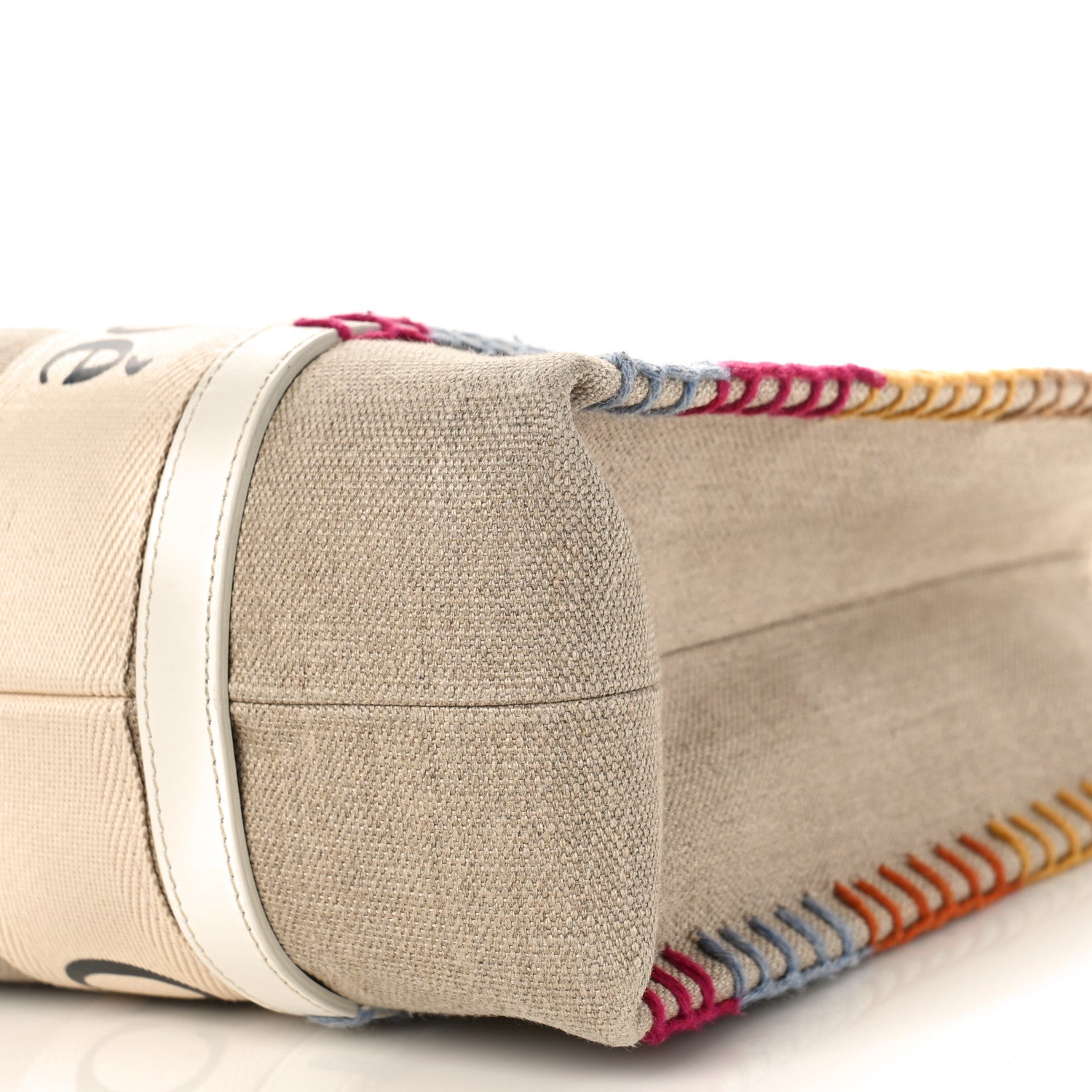 Chloe Linen Canvas Calfskin Blanket Stitched Medium Woody Ribbon Tote White Multicolor 9 of 10
