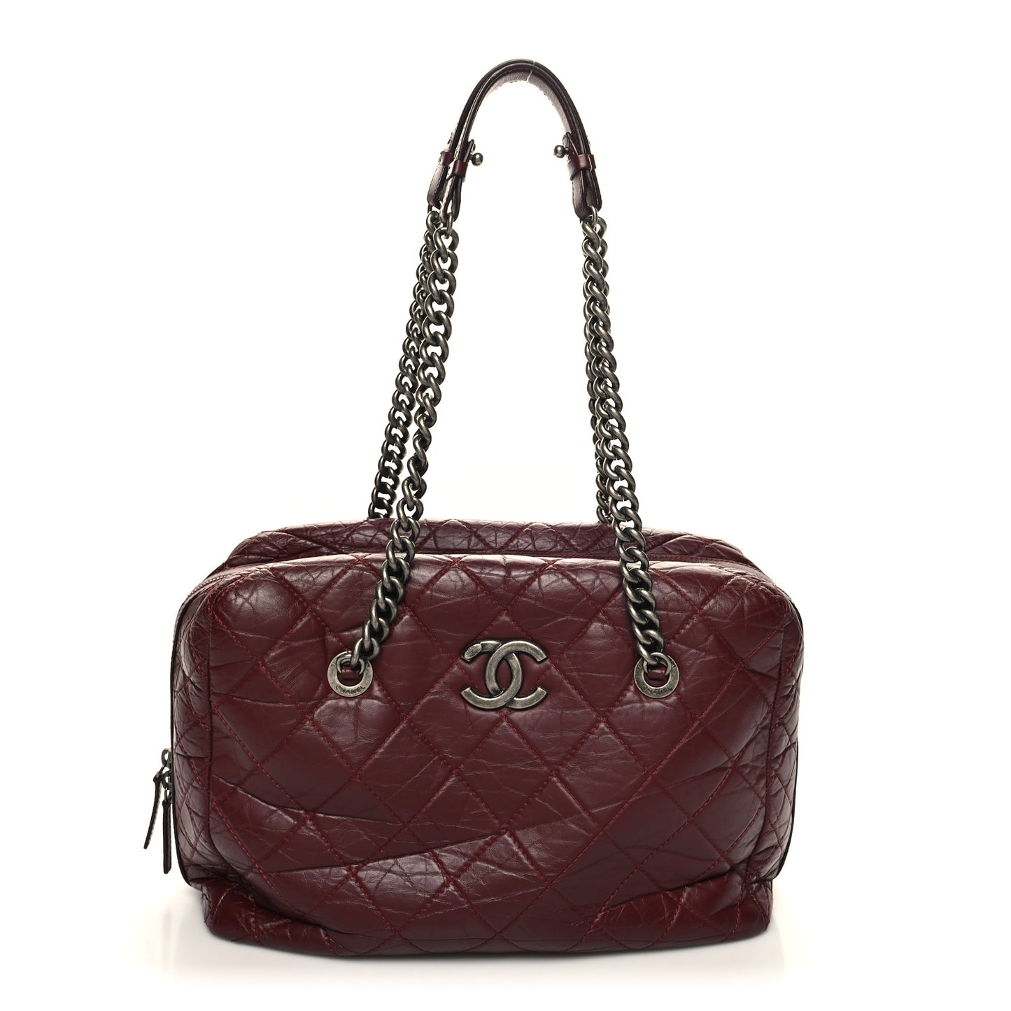 Aged Calfskin Quilted Large Secret Tag Bowling Bag Burgundy