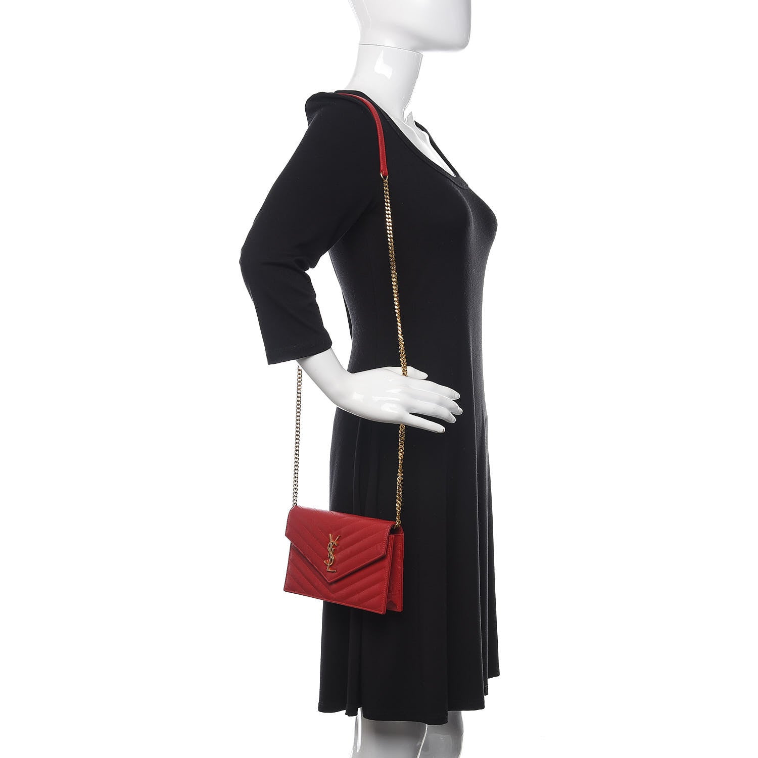 Saint Laurent Grain De Poudre Matelasse Chevron Monogram Envelope Chain Wallet New Red 2 of 11