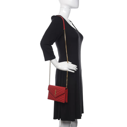 Saint Laurent Grain De Poudre Matelasse Chevron Monogram Envelope Chain Wallet New Red 2 of 11