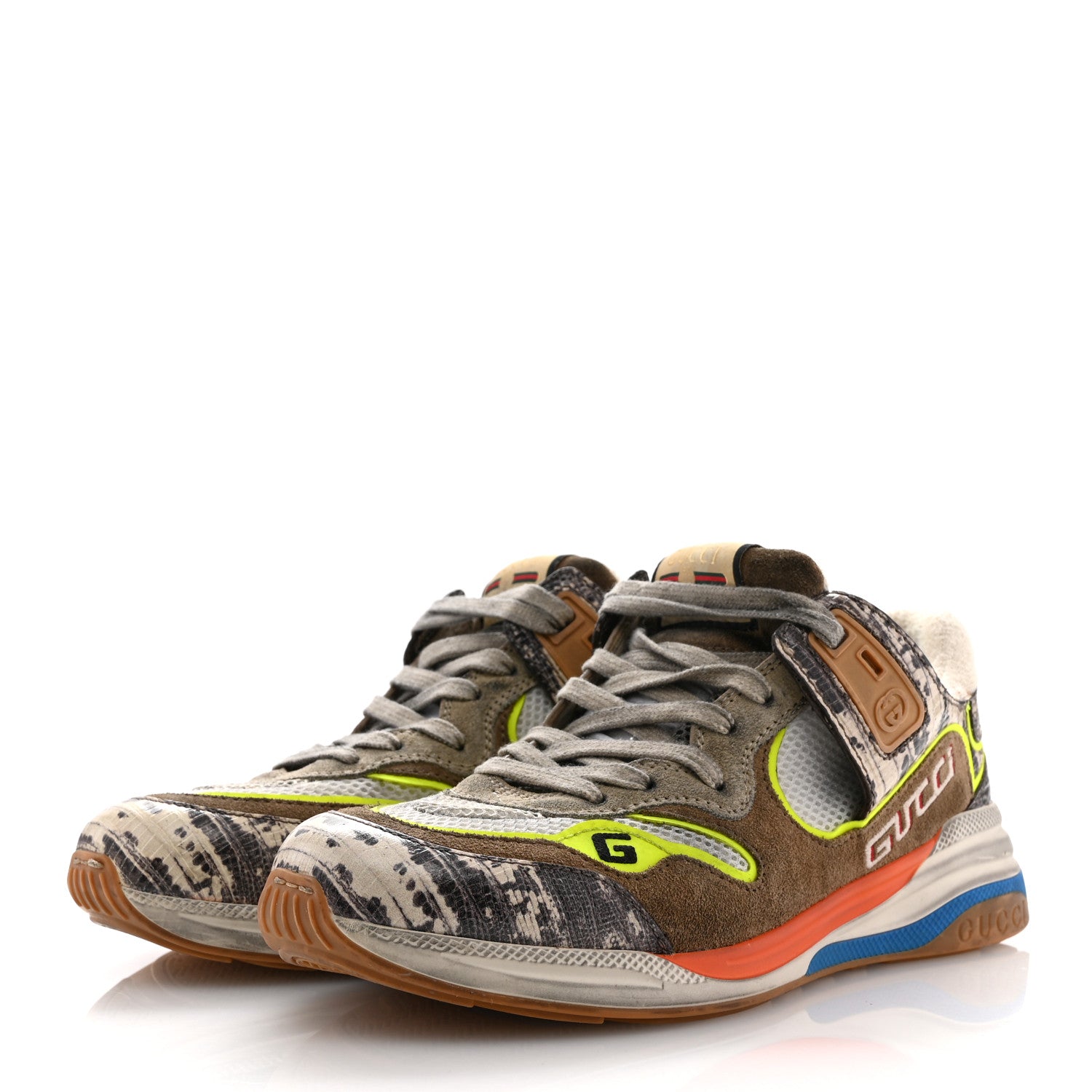 Gucci Suede Calfskin Tejus Printed Mens Ultrapace Sneakers 7.5 Natural Ardesia Neon Yellow 4 of 12