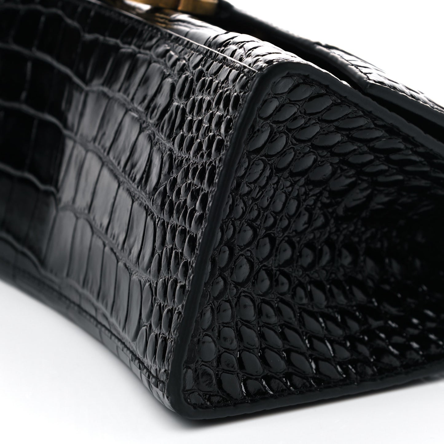 Shiny Calfskin Crocodile Embossed Small Hourglass Top Handle Bag Black