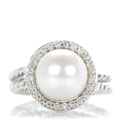 David Yurman Sterling Silver Pave Diamond Pearl 13.5mm Cable Ring 51.5 6 1 of 6