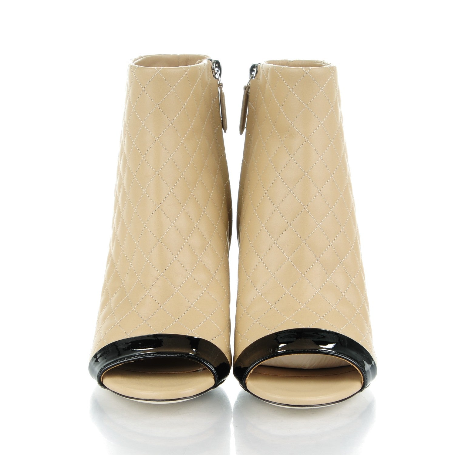 Chanel Calfskin Quilted Patent Short Boots 38.5 Beige Black 2 of 9