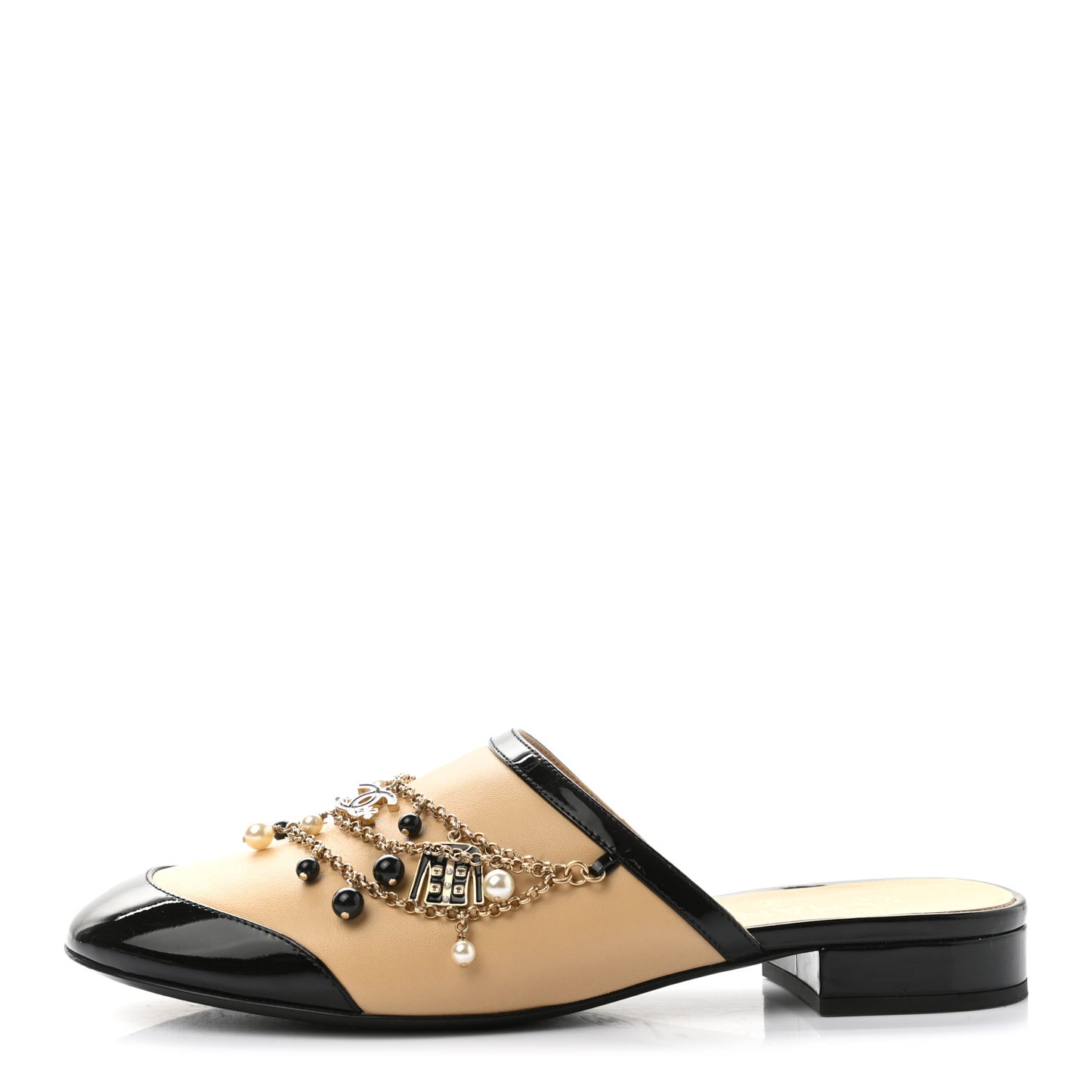Lambskin Patent Pearl Chain Charm CC Mules 38 Beige Black