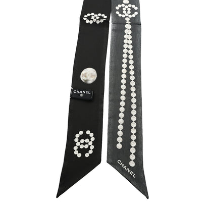 Chanel Silk Pearl CC Slim Bandeau Scarf Dark Gray Ecru Anthracite 2 of 4