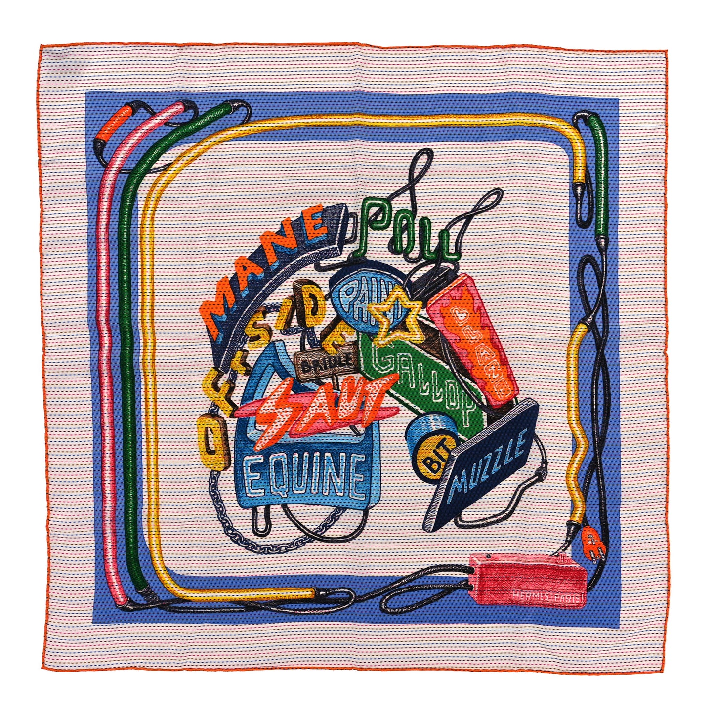 Silk Pointille Chevaloscope Neon Scarf 70 White Bleu Vert