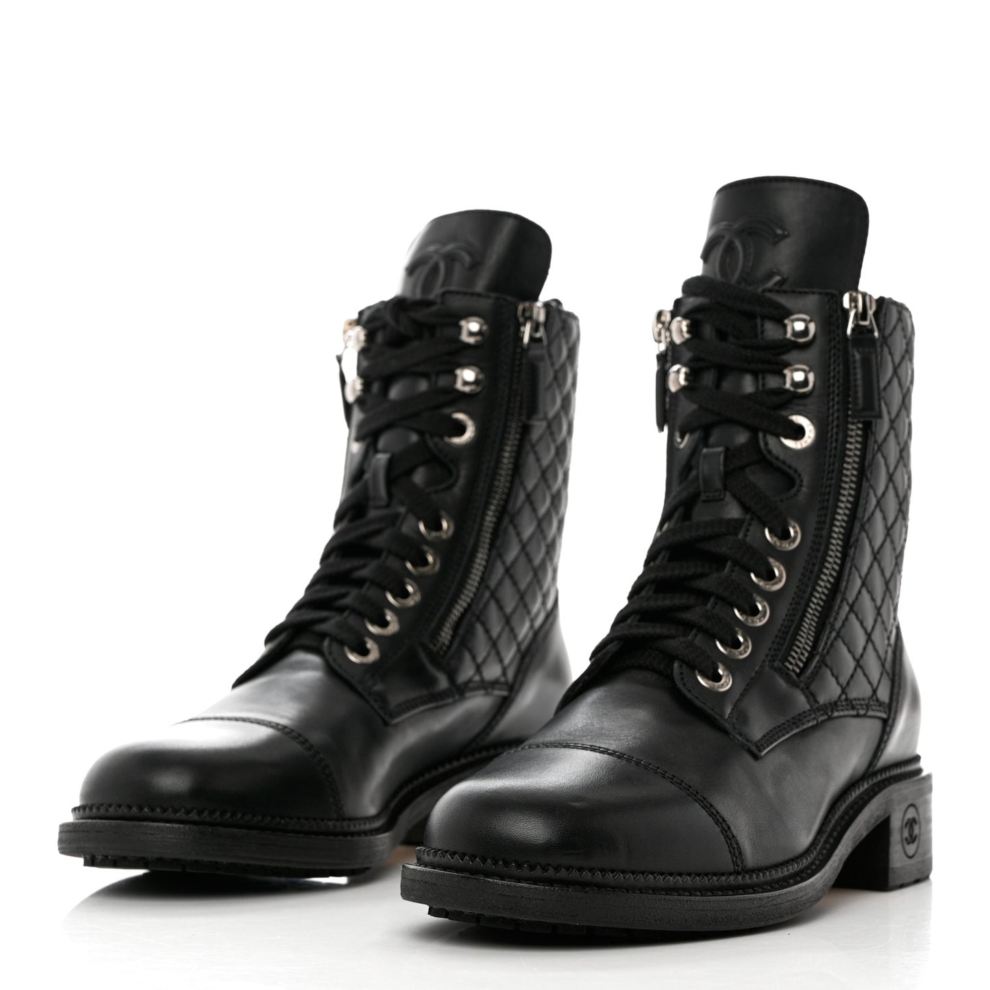 Calfskin Quilted Lace Up Combat Boots 38.5 Black