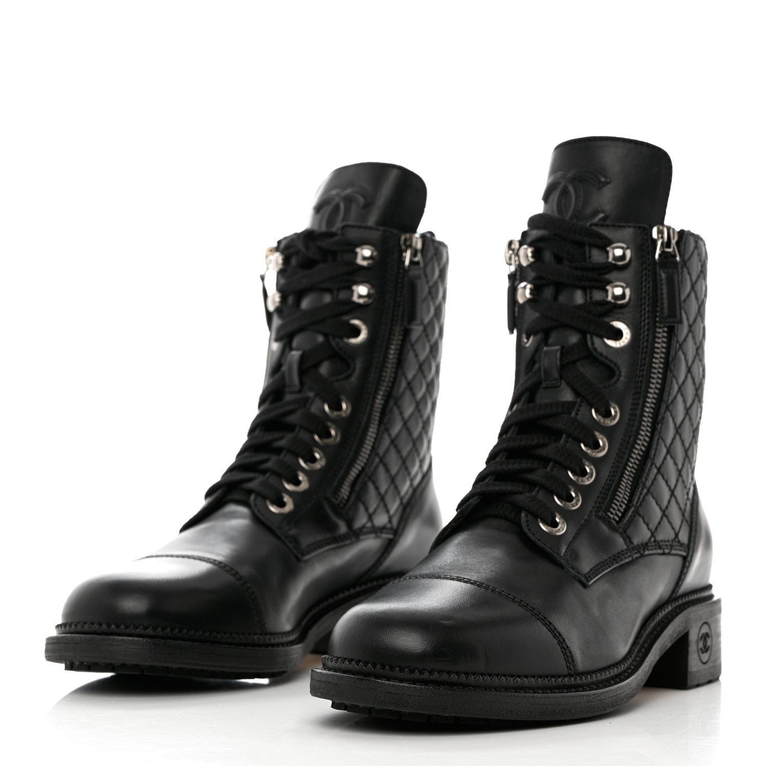 Chanel Calfskin Quilted Lace Up Combat Boots 38.5 Black 3 of 10