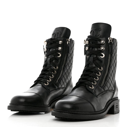 Chanel Calfskin Quilted Lace Up Combat Boots 38.5 Black 3 of 10