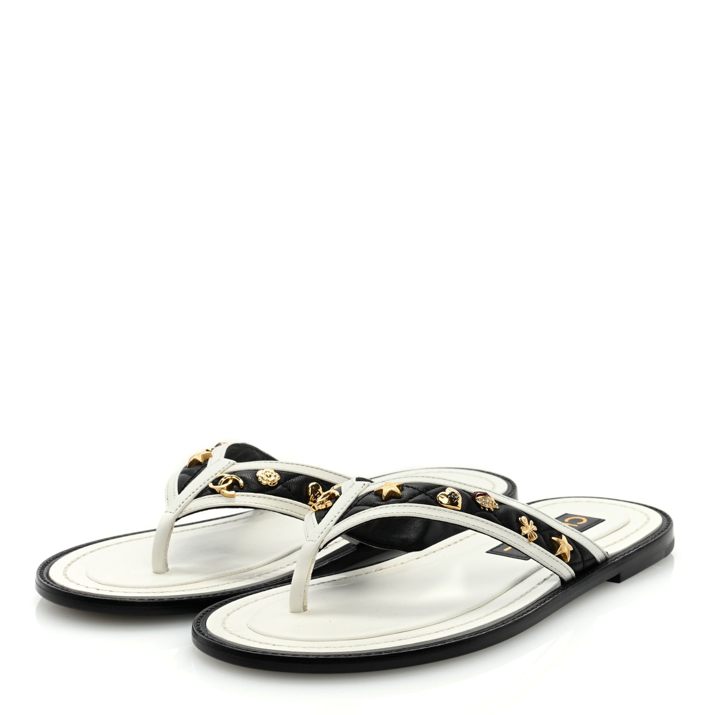 Lambskin Charms Thong Sandals 37 Black White