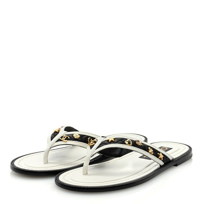 Chanel Lambskin Charms Thong Sandals 37 Black White 3 of 7