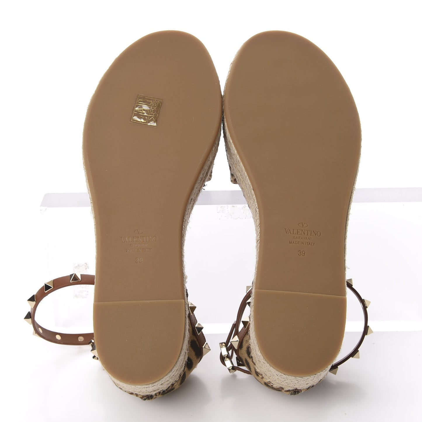 Canvas Leopard Print Rockstud Ankle Wrap Espadrille Flatform Sandals 39 Brown