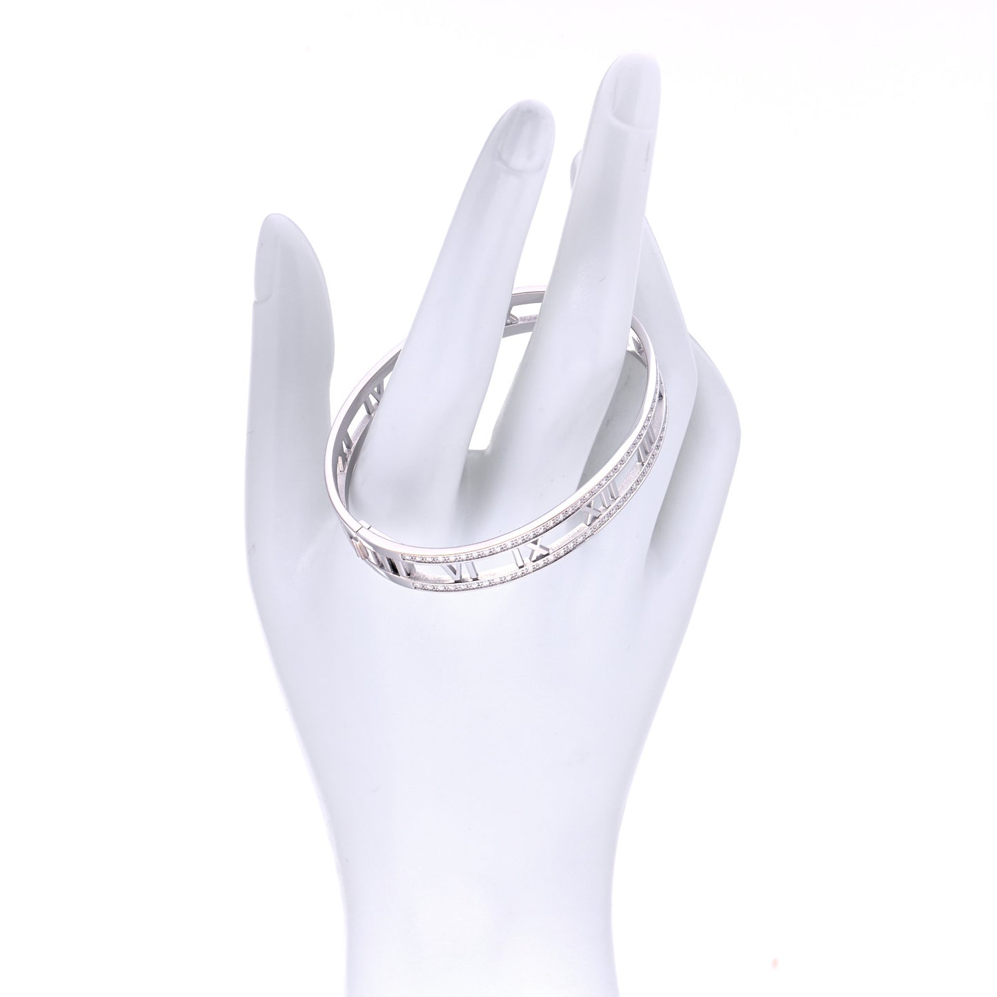 18K White Gold Diamond Atlas Open Hinged Bangle Bracelet