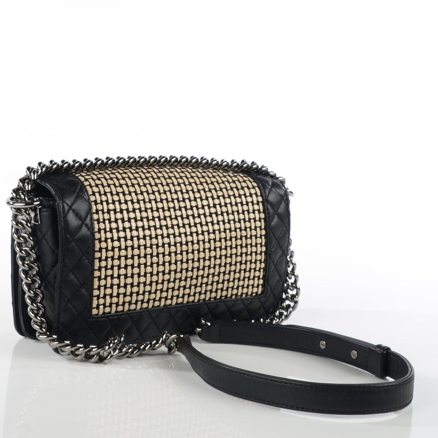 Calfskin Woven Medium Boy Reverso Flap Black