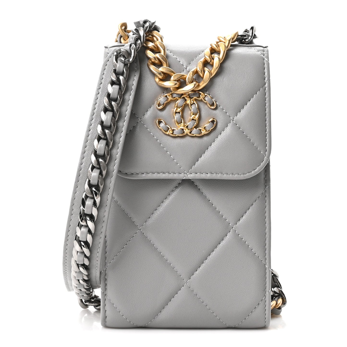 Lambskin Quilted Chanel 19 Phone Holder With Chain Grey
