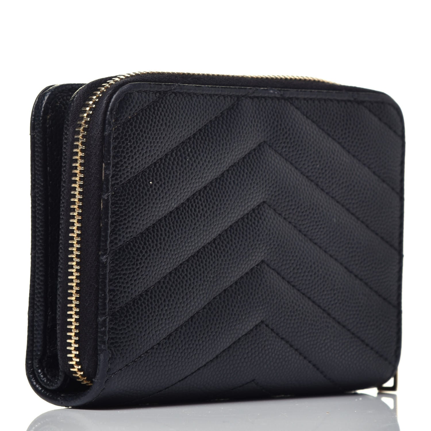 Saint Laurent Grain De Poudre Matelasse Chevron Monogram Compact Zip Around Wallet Black 3 of 6