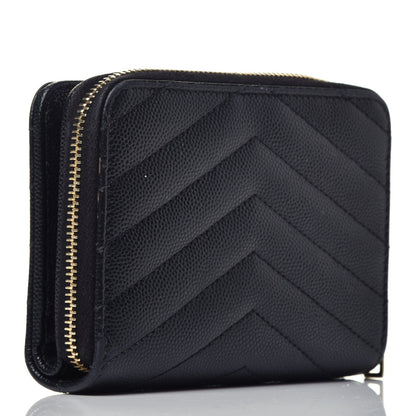 Saint Laurent Grain De Poudre Matelasse Chevron Monogram Compact Zip Around Wallet Black 3 of 6