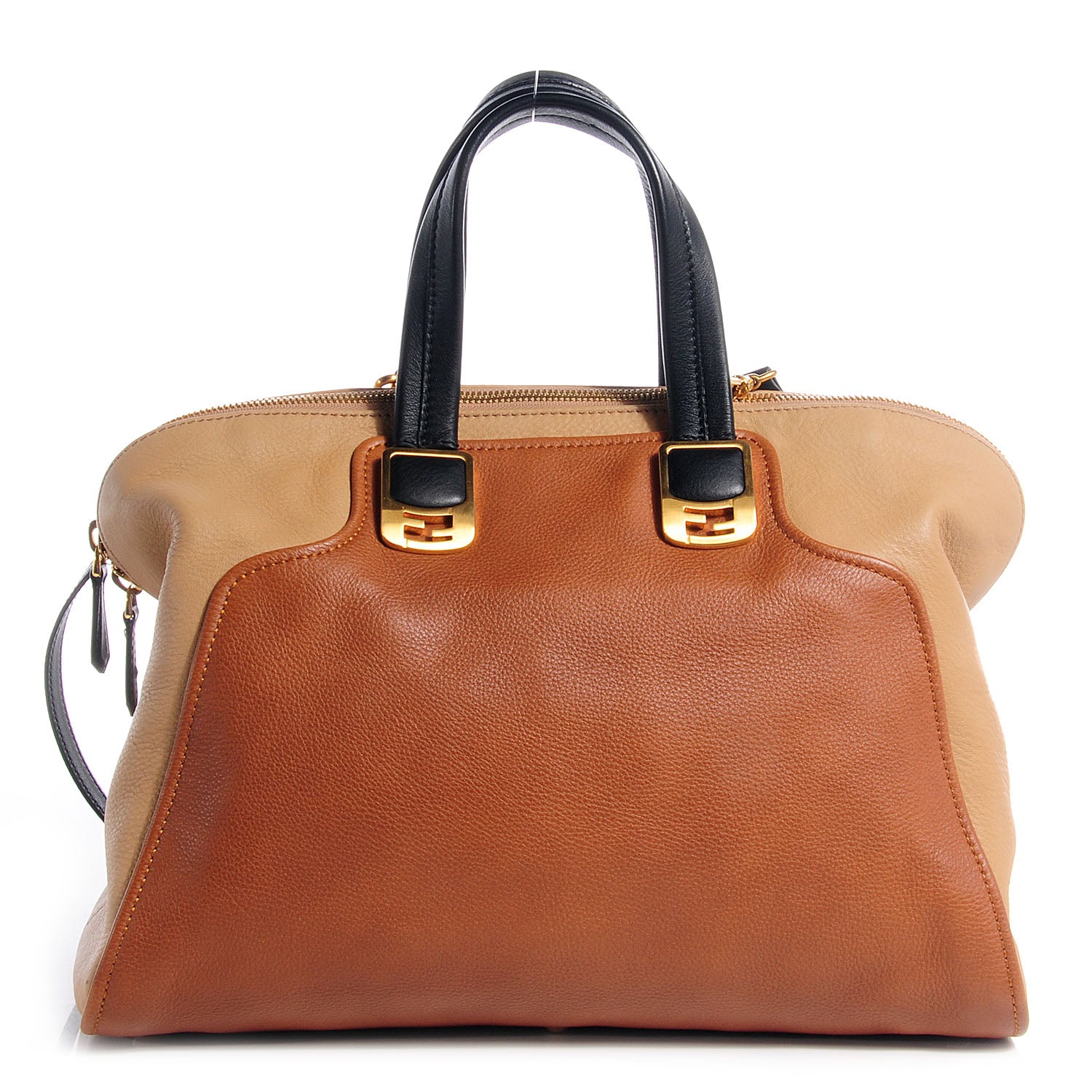 Fendi Calfskin Large Chameleon Tote Cognac Camel Black 1 of 9
