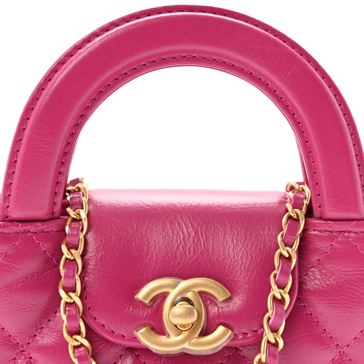 Shiny Aged Calfskin Quilted Mini Nano Kelly Shopper Dark Pink