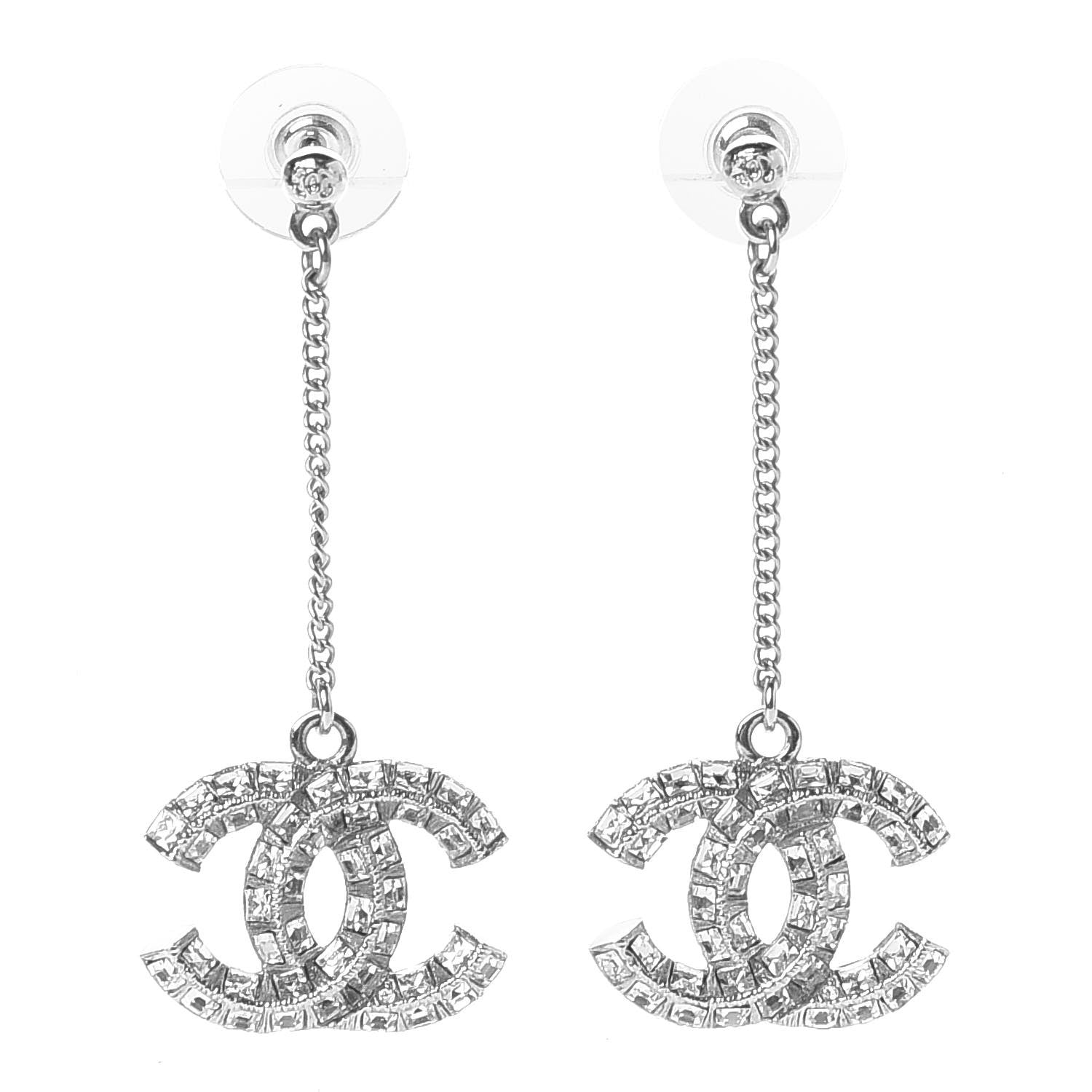 Chanel Baguette Crystal CC Drop Earrings Silver 1 of 5