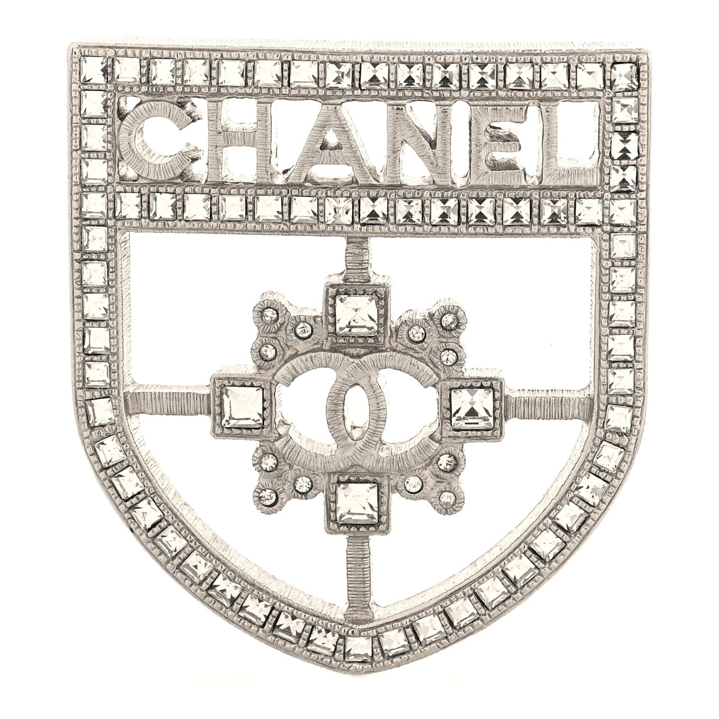 Swarovski Baguette Crystal CC Shield Brooch Silver