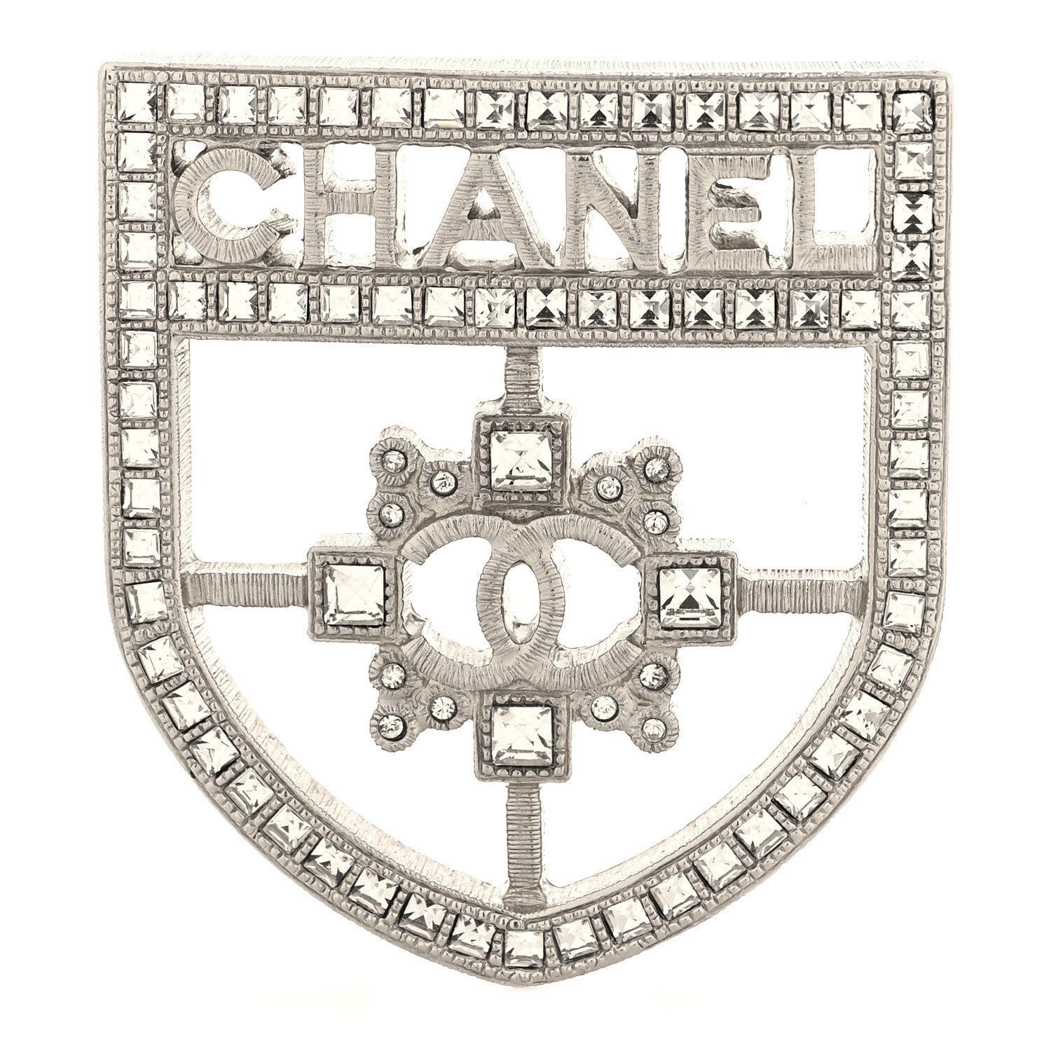 Chanel Swarovski Baguette Crystal CC Shield Brooch Silver 1 of 3