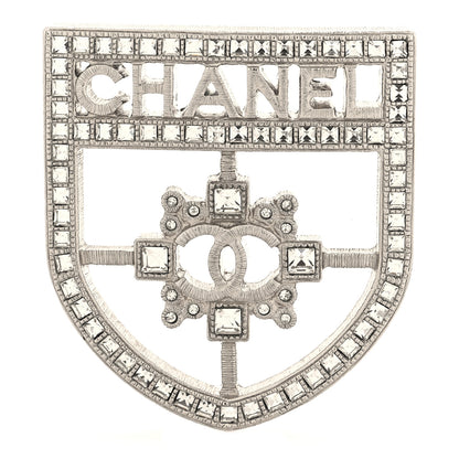Chanel Swarovski Baguette Crystal CC Shield Brooch Silver 1 of 3