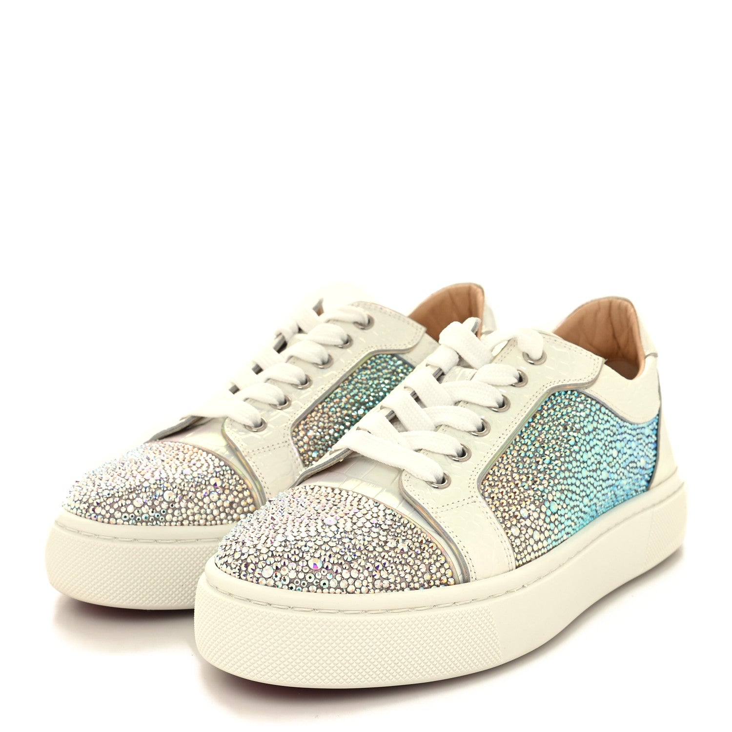 Christian Louboutin Metallic Strass Crocodile Embossed Louis Junior Flat Sneakers 38 White Silver 3 of 8