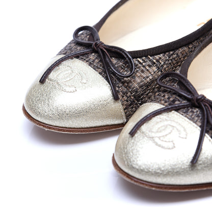 Chanel Tweed Metallic Lambskin CC Cap Toe Ballerina Flats 38 Gold 6 of 15