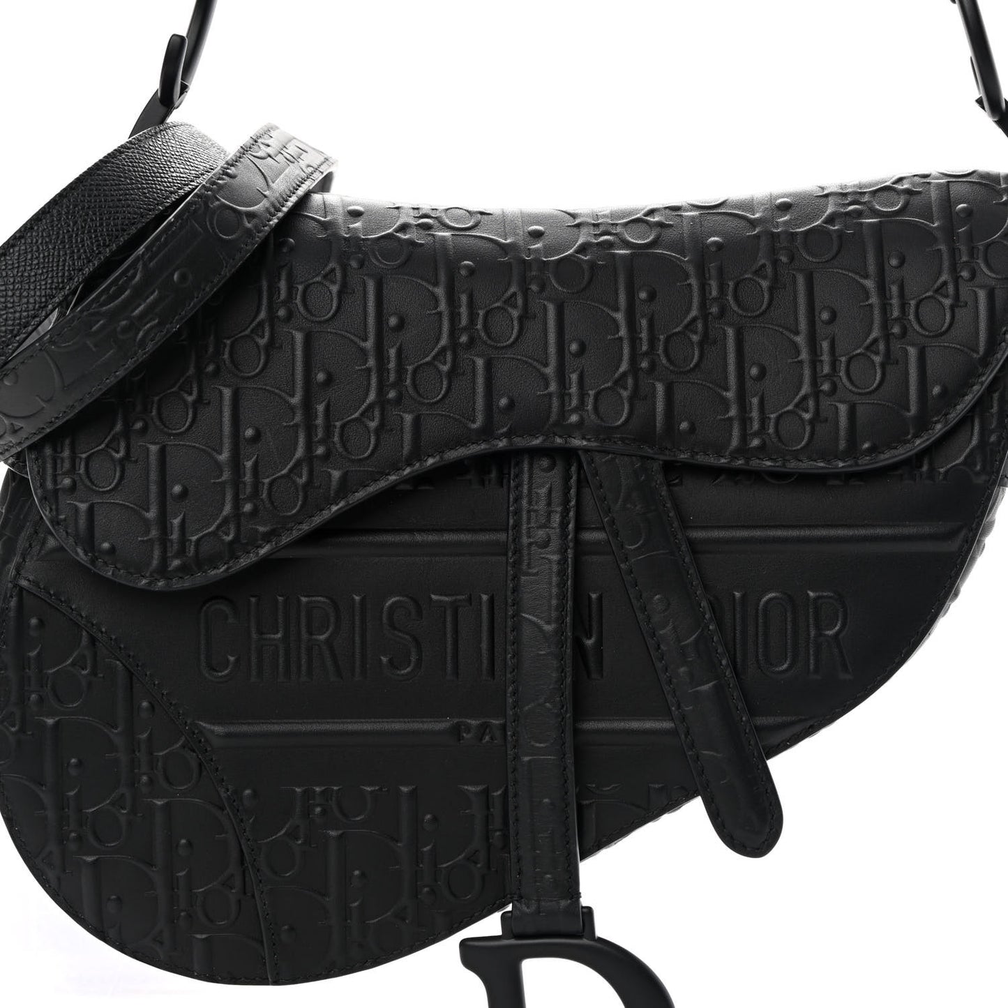 Calfskin Embossed Oblique Saddle Bag With Strap Black