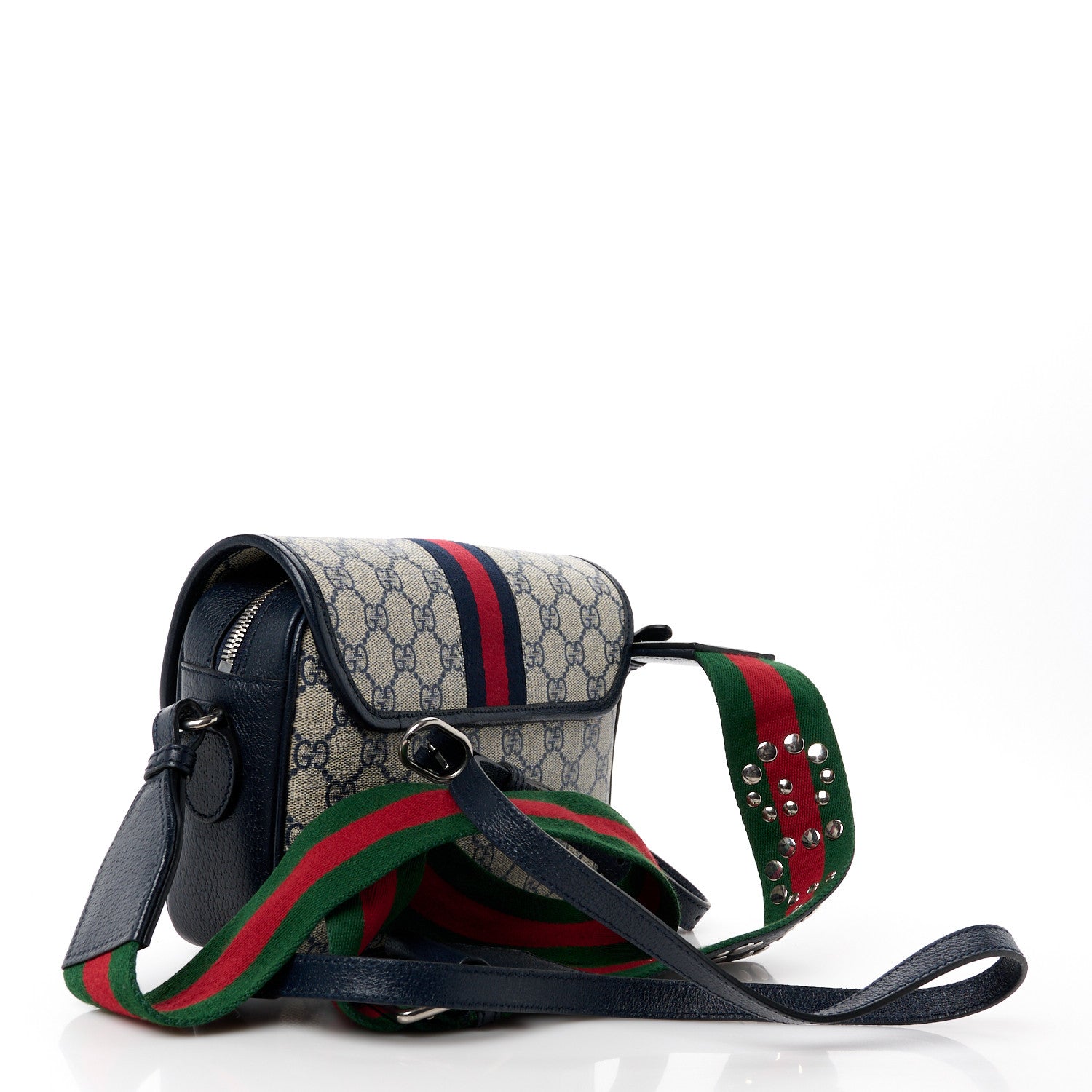 Gucci GG Supreme Monogram Textured Dollar Calfskin Web Studded Mini Ophidia Flap Shoulder Bag Beige Blue 3 of 12