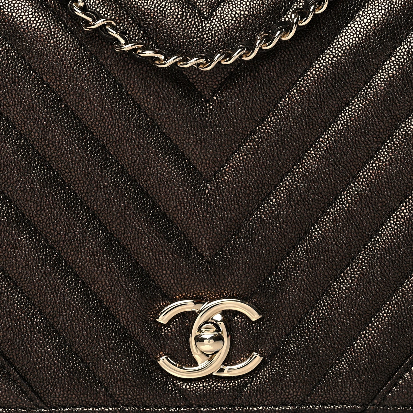 Metallic Caviar Chevron Quilted Medium Statement Flap Bronze
