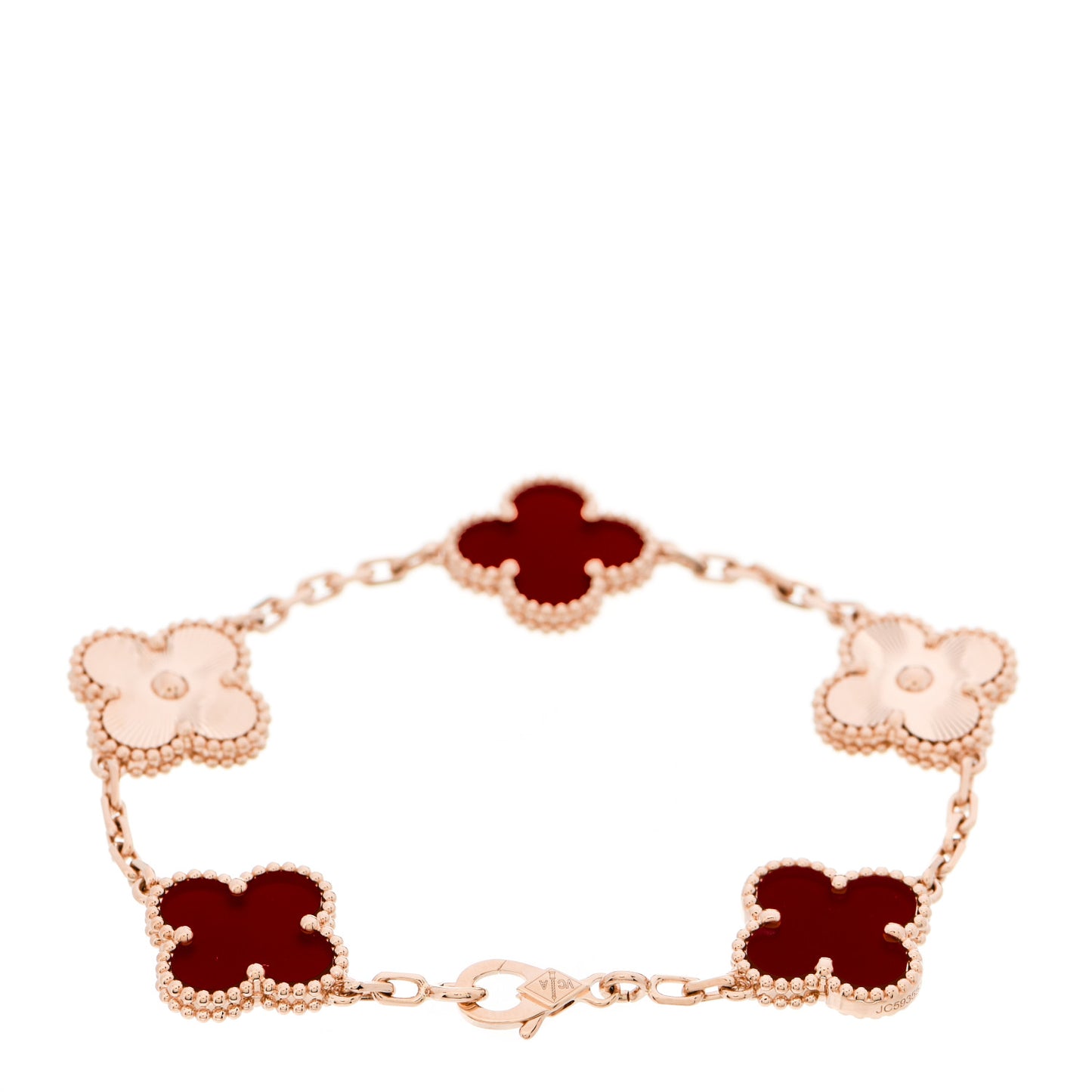 18K Rose Gold Carnelian 5 Motifs Guilloche Vintage Alhambra Bracelet