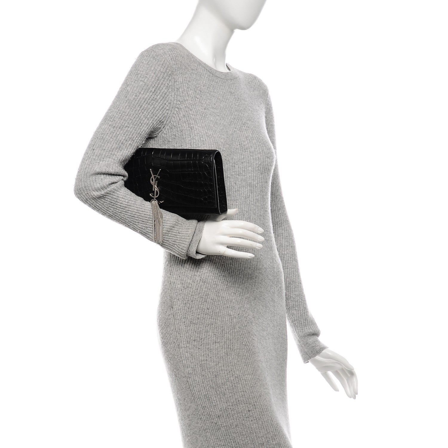 Saint Laurent Calfskin Crocodile Embossed Classic Monogram Tassel Clutch Black 2 of 7