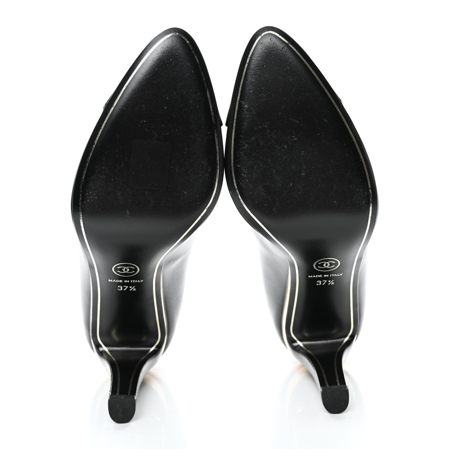 Chanel Lambskin Patent Metal Cap Toe CC Pumps 37.5 Black Gold 5 of 11