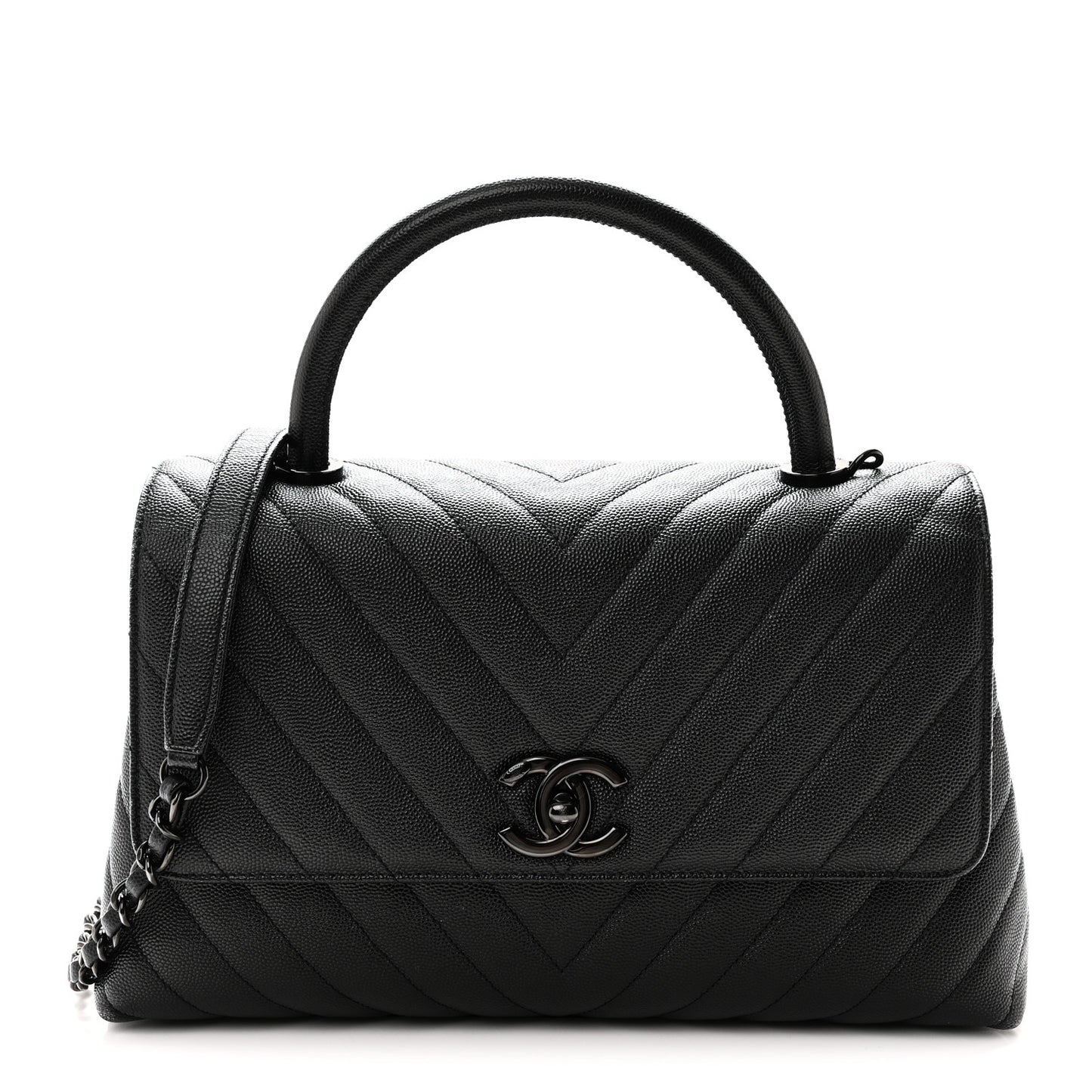 Caviar Chevron Quilted Small Coco Handle Flap So Black
