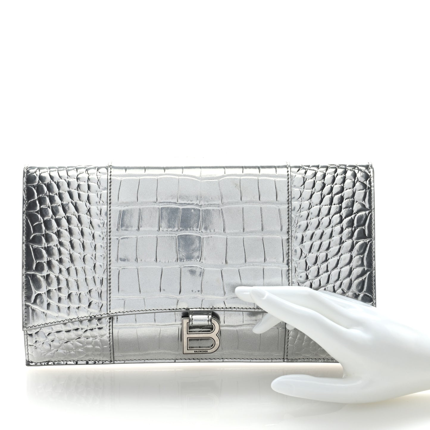 Metallic Calfskin Crocodile Embossed Hourglass Flap Flat Pouch Silver