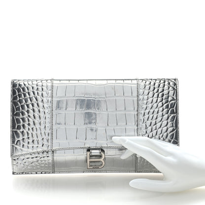 Balenciaga Metallic Calfskin Crocodile Embossed Hourglass Flap Flat Pouch Silver 2 of 6