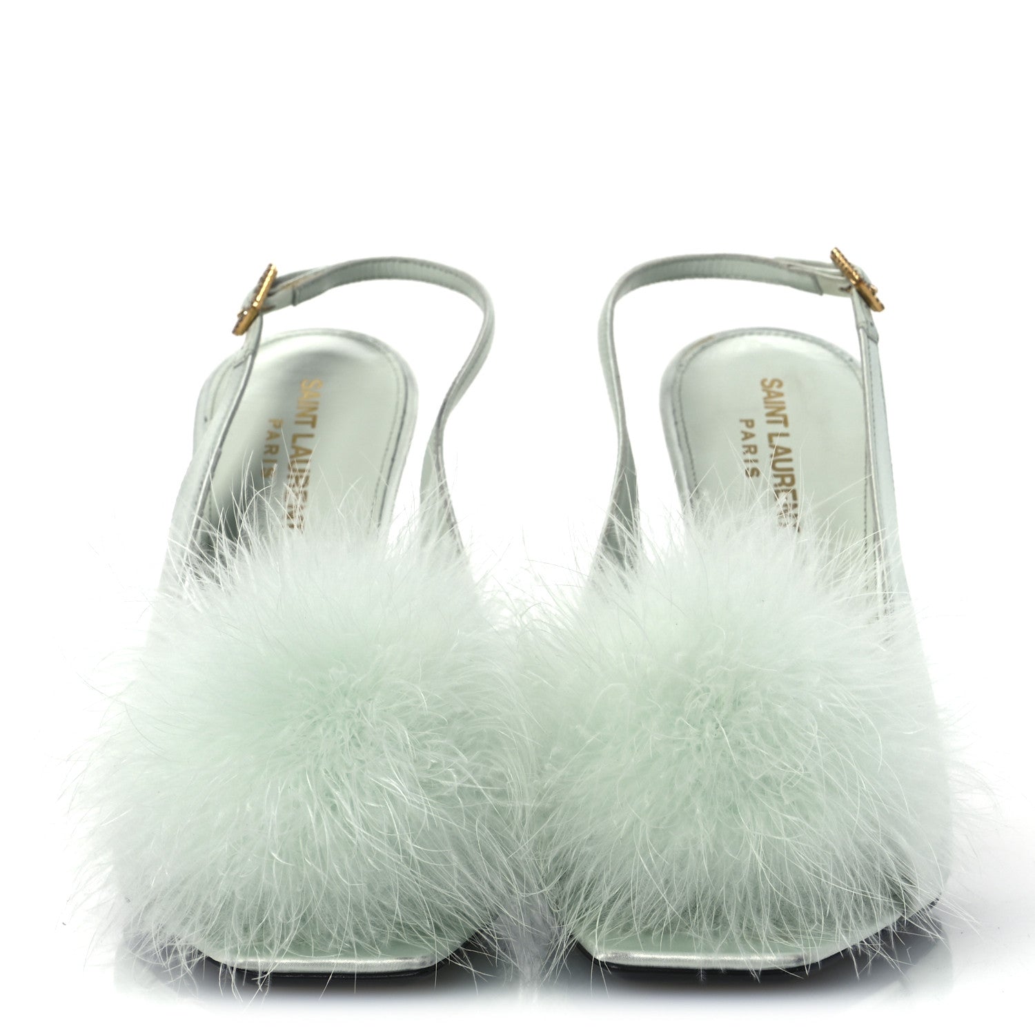 Saint Laurent Crepe Satin Blanco Feathered Sandals 39 Slight Green 3 of 15