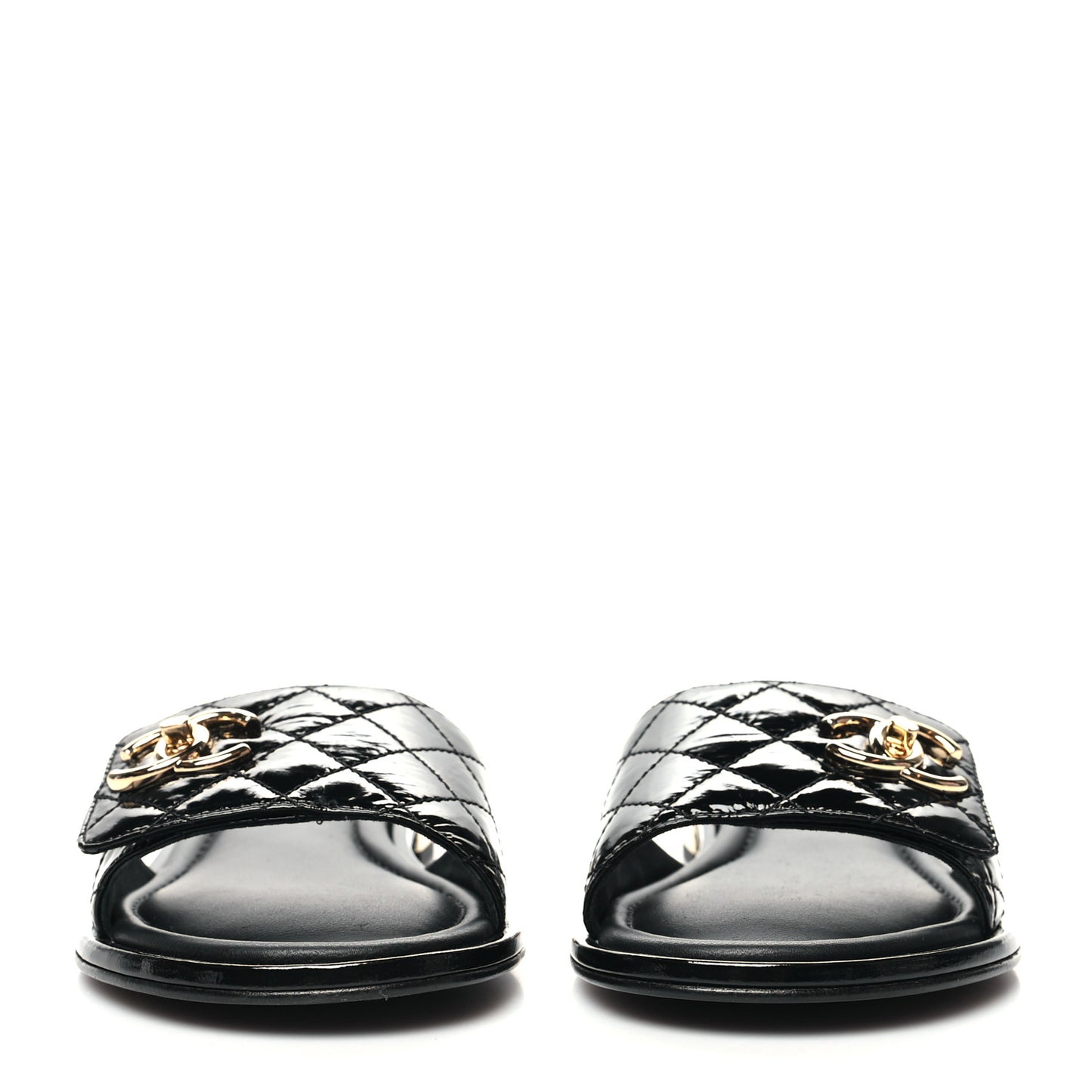 Patent Goatskin Quilted CC Mules Sandals 39 Black