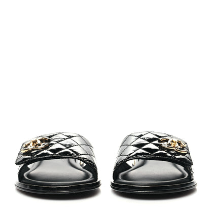 Chanel Patent Goatskin Quilted CC Mules Sandals 39 Black 2 of 9